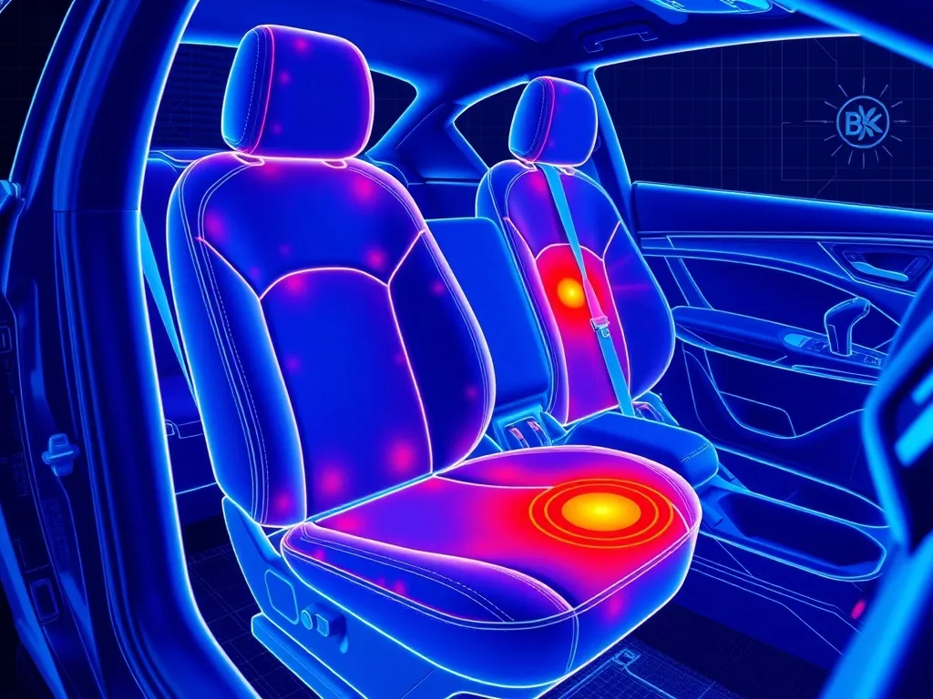 Technical blueprint of a car seat with heat map showing wear