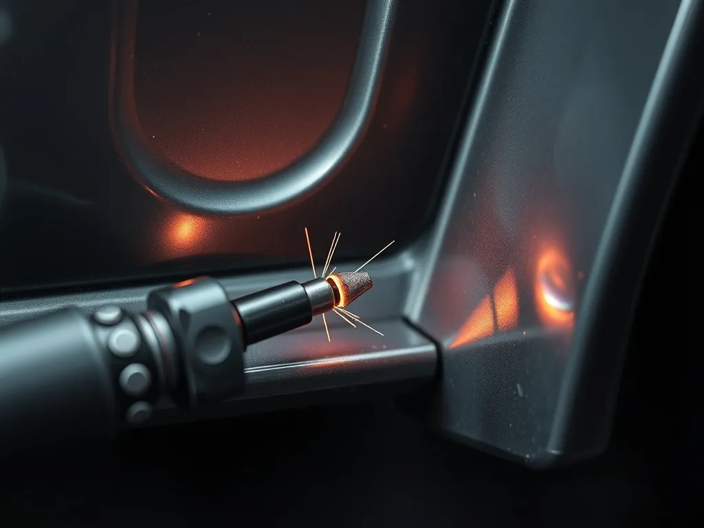 Macro shot of professional plastic welding tool repairing a