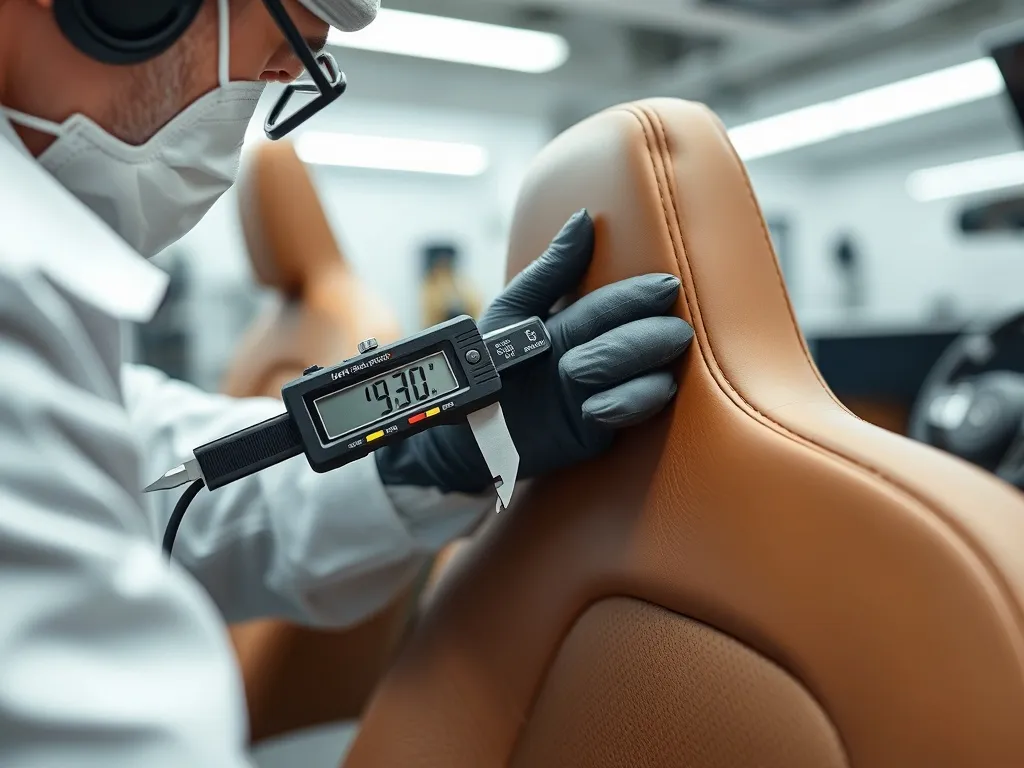 Close-up of a professional technician measuring leather thic