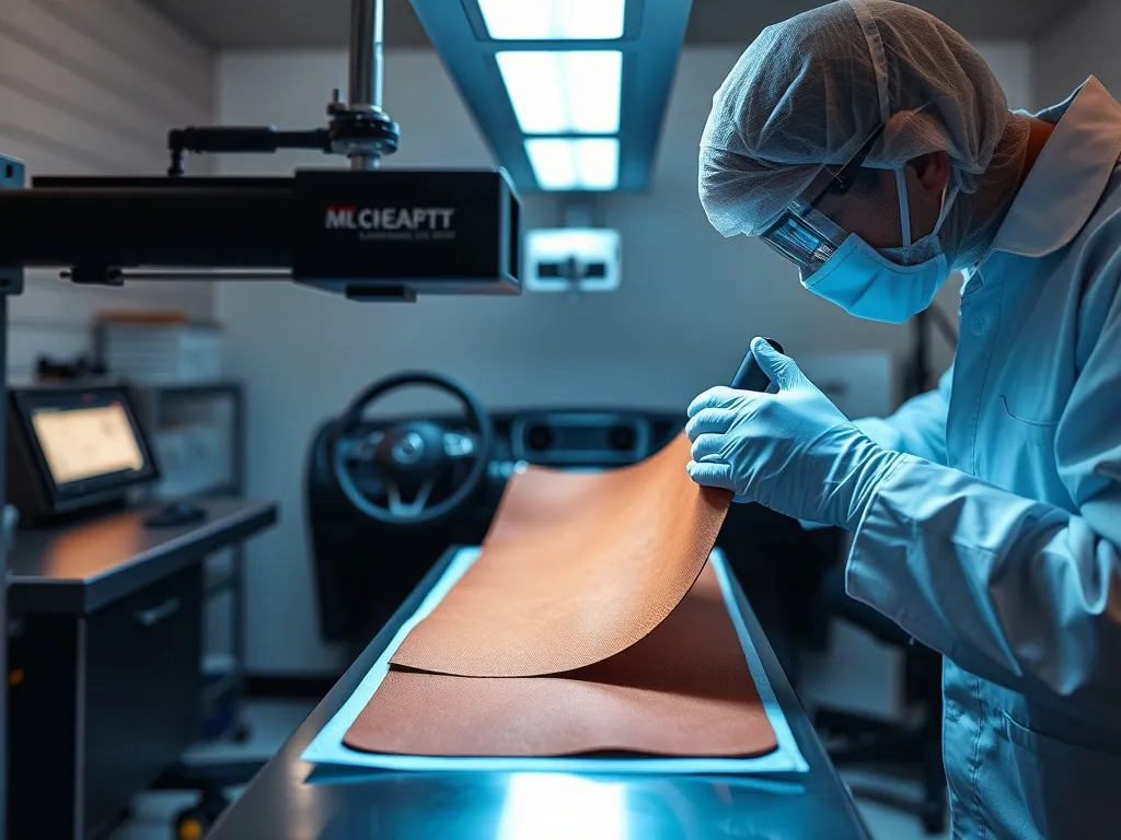 Technical laboratory test of leather samples under UV light,